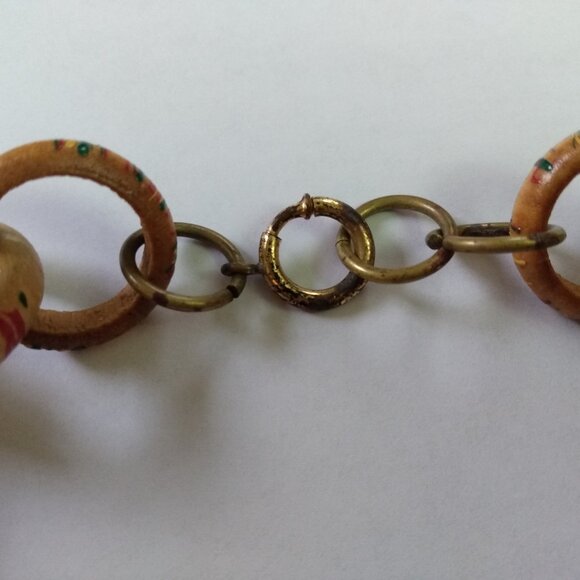 Vintage Wooden Link Ring Necklace Tropical Hand Painted Jewelry Antique Clasp - Picture 2 of 16